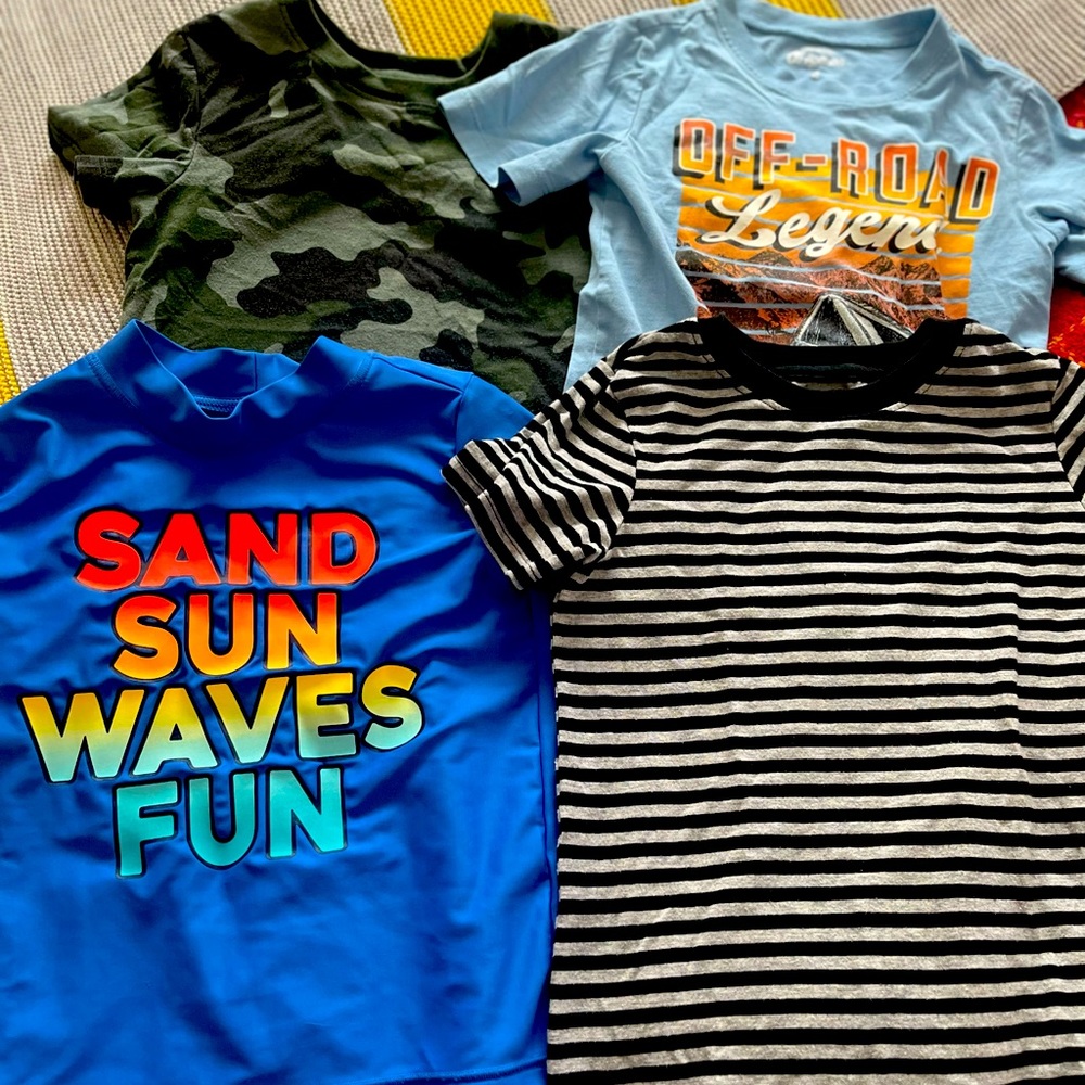 Lot of 4. Cat & Jack and OKBG boys t-shirts (3), and (1) rash guard. Size 4T.